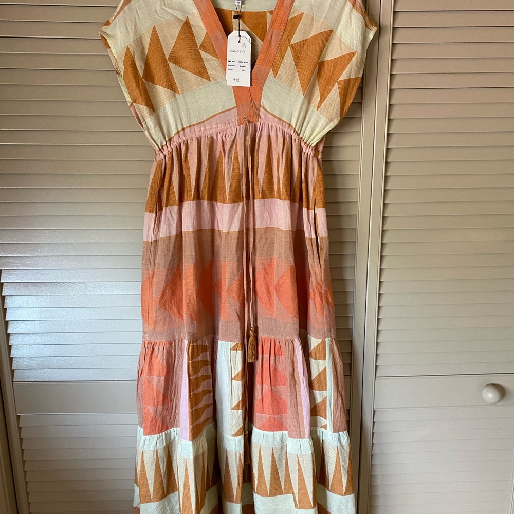 Cream and Orange Tiered Maxi Sundress with Dolman Sleeves